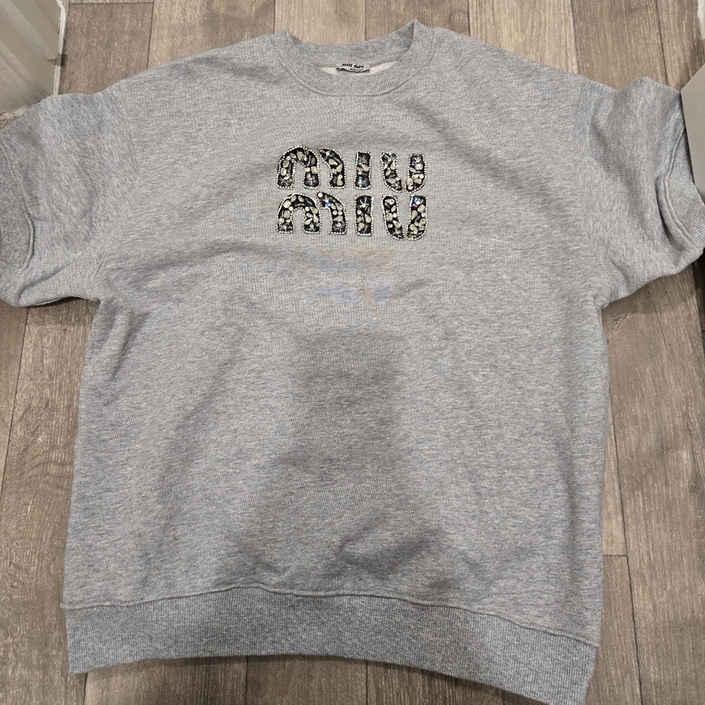 Miu Miu Light Gray Embellished Logo Crewneck